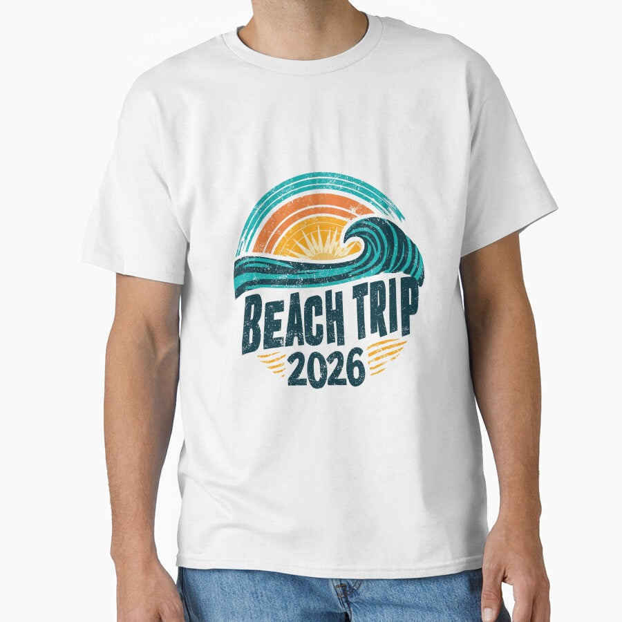 Retro Beach Trip 2026 Distressed Wave and Sunset Summer Vacation Shirt by StickerHavenn