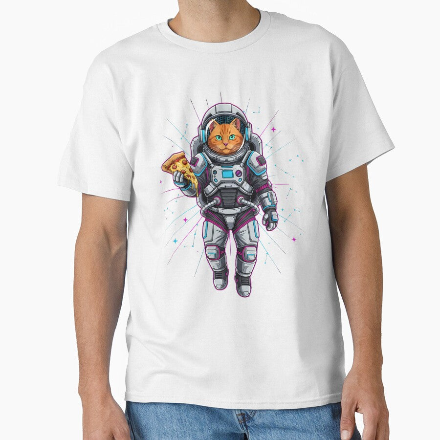Cool Floating Astronaut Cat & Pizza – Retro Synthwave Space by LIGHT-CANVAS