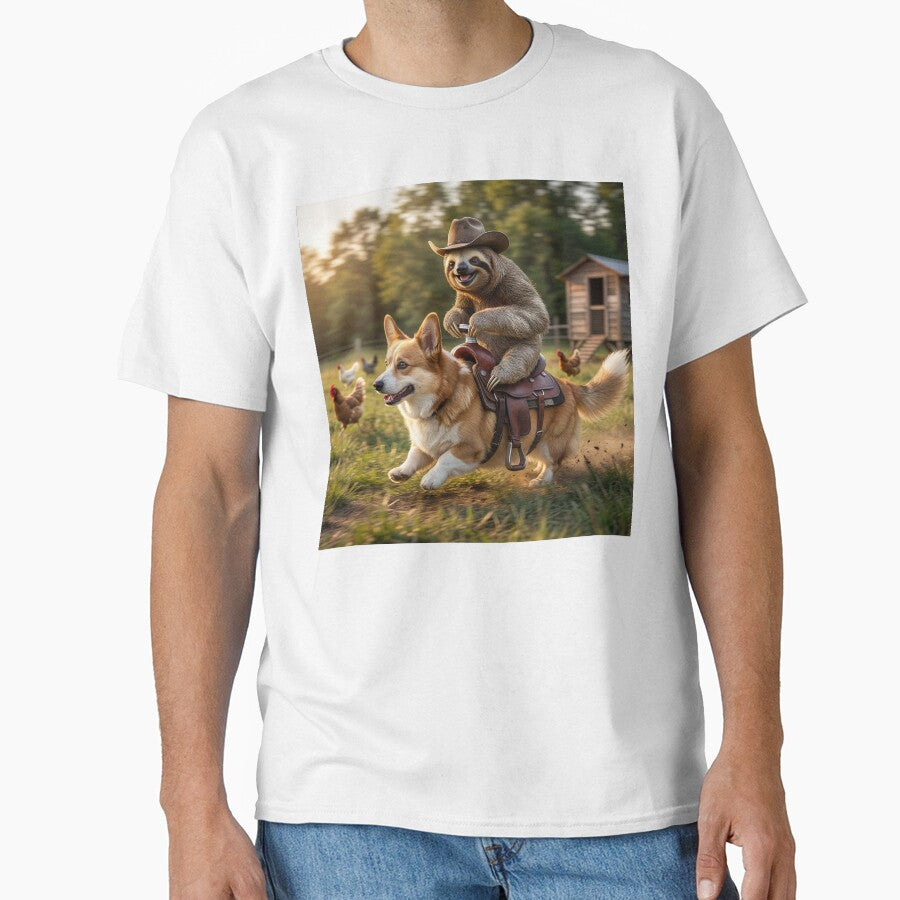 Happy Sloth Cowboy Herds Chickens on Corgi by Tridentulus