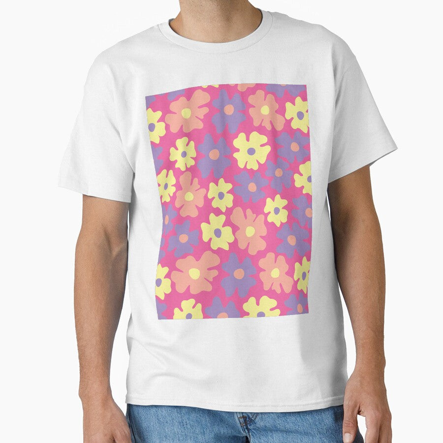pink 60s retro flower power, hot pink, purple, yellow, peach,  60s groovy pattern, hippie flowers by blomastudios