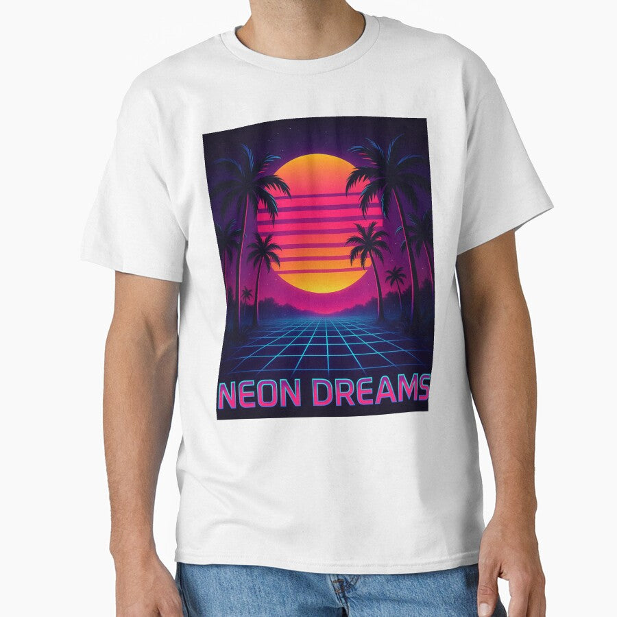 Neon Dreams – Vaporwave Sunset Grid T-Shirt by Laugh & Rewind
