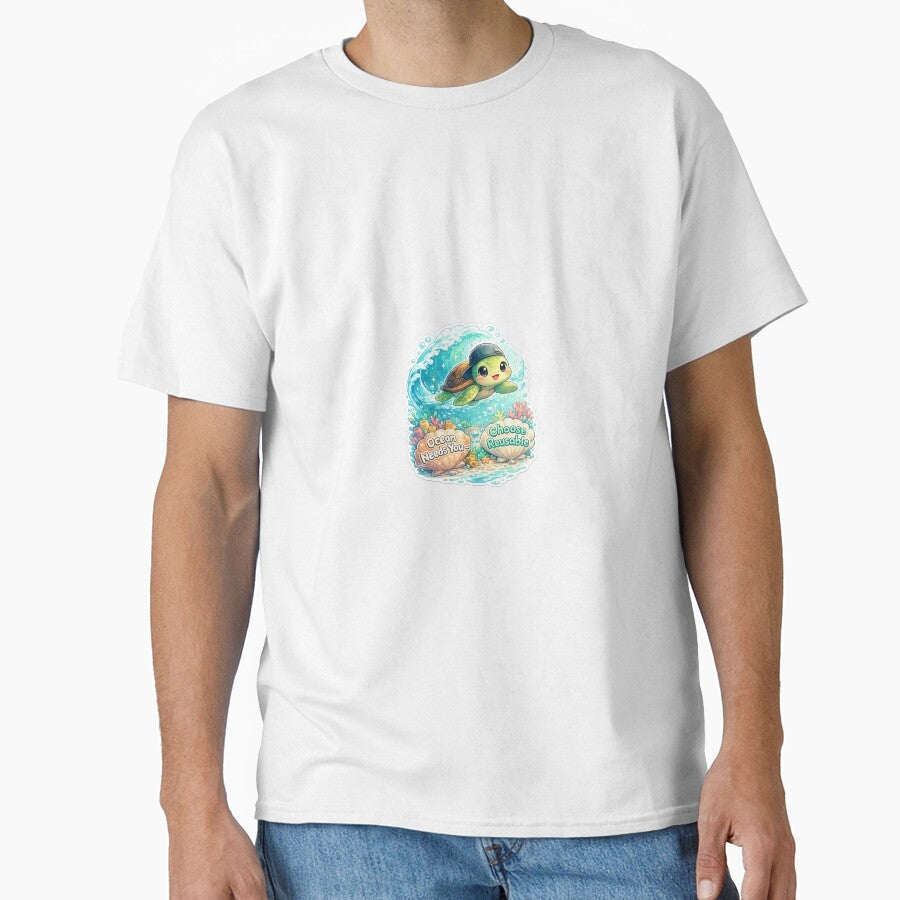 Chibi Turtle Ocean Sticker – “Ocean Needs You, Choose Reusable” by SparkVault