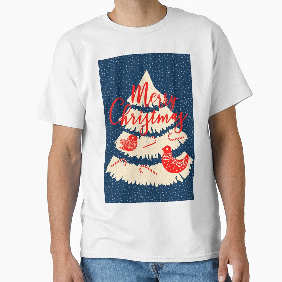 Hand drawn merry christmas happy holiday vector card with a christmas tree, ethnic birds and candy canes by Familyshmot