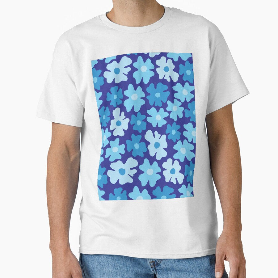 Blue 60s retro flower power, pastel blue, blue, cobalt blue, 60s groovy pattern, hippie flowers by blomastudios