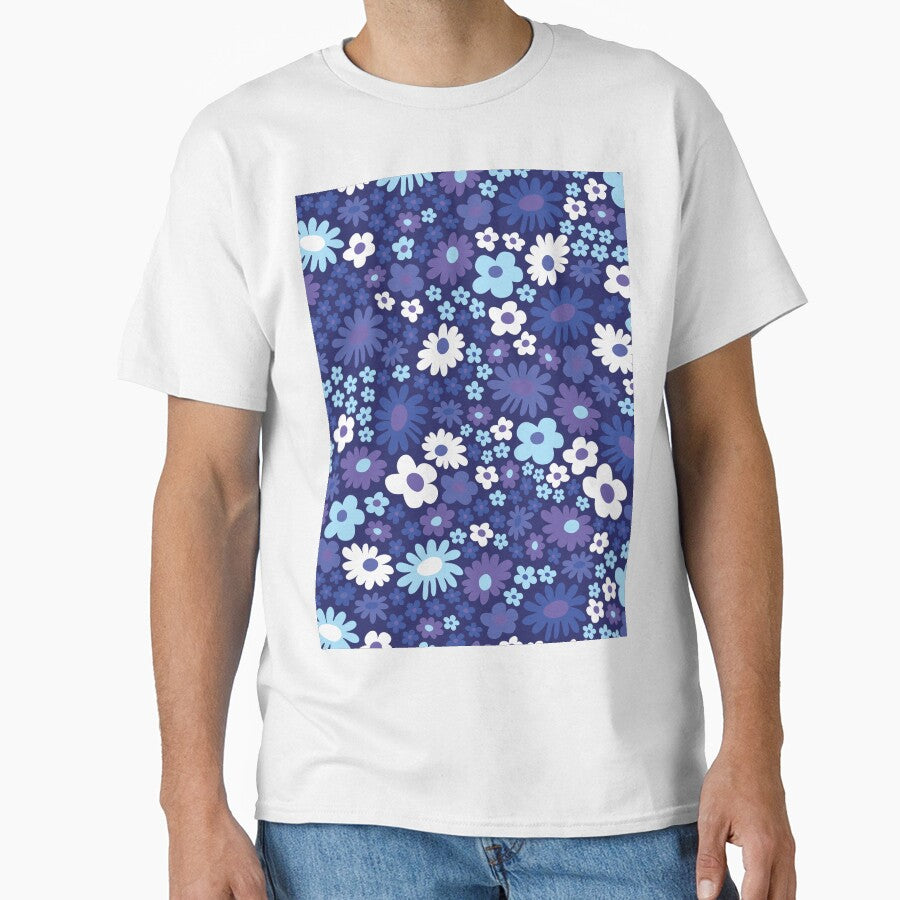 Blue 60s retro flower power, pastel blue, baby blue, dark blue, purple, 60s groovy pattern, hippie flowers by blomastudios