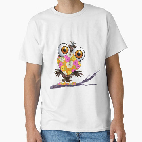 "Whimsical Floral Owl with Big Eyes on Branch - Cute and Quirky Cartoon Art by Psycho-Crazy
