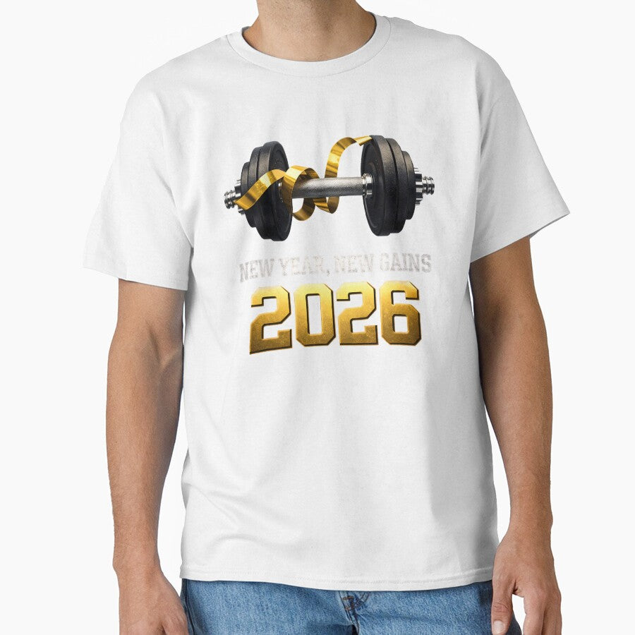 2026 Fitness New Year New Gains – Dumbbell Motivation Gym Workout Design by FUIRY
