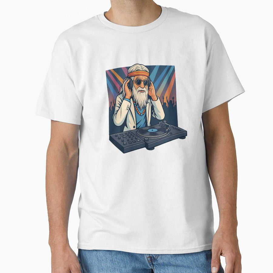 Elderly White Hippie DJ – Retro Vinyl Music Party Design by Lunaria Arts