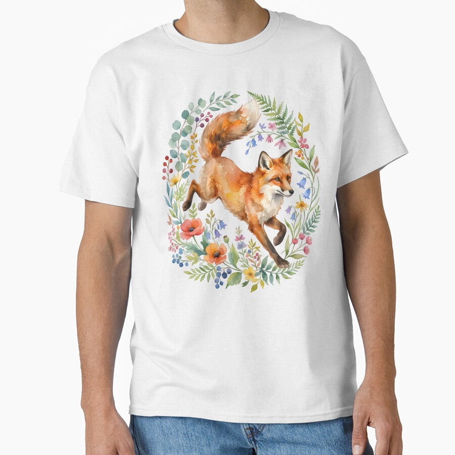 Whimsical Watercolor Red Fox Leaping Through Floral Wreath on Black by From the river to the sea