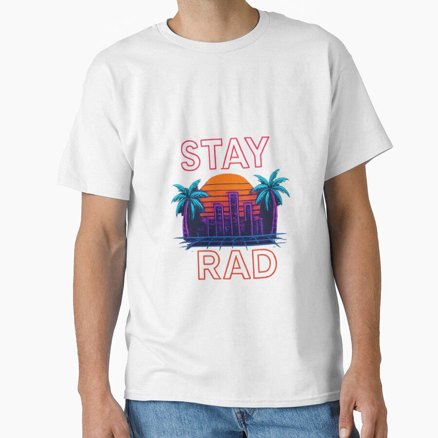 Stay Rad Neon Sunset – Retro Wave Palm Tree Cityscape by RKNTdesigns
