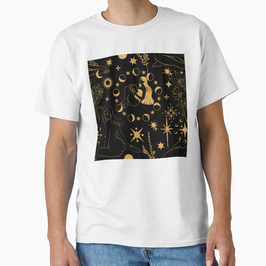 Magical pattern centering a reading girl surrounded by a full cycle of moon phases, shining suns, and mystical flowers. Celebrates solitude, magic of knowledge, and starry skies. by Grin Katalina Floral Patterns & Cozy Art