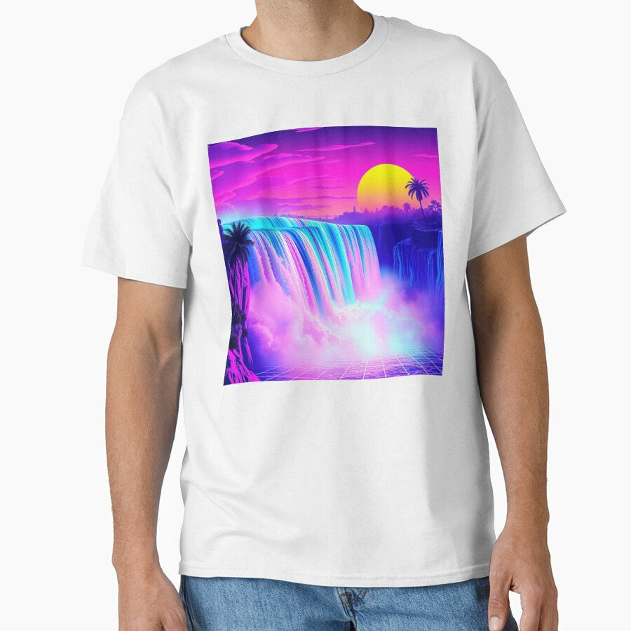 Vaporwave Neon Waterfall Grid Sunset Synthwave Art Print - Retro Cyberpunk Palm Trees Poster by EllDAV777