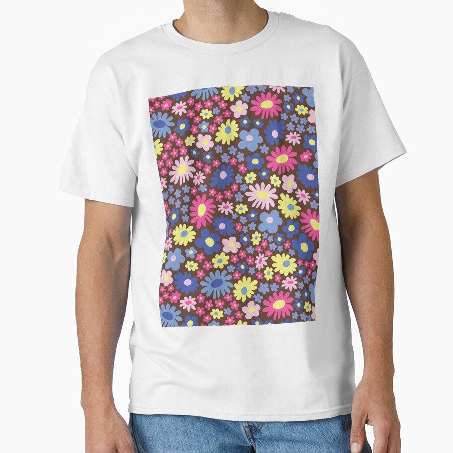 brown 60s retro flower power, purple, pink, blue, yellow, 60s groovy pattern, hippie flowers by blomastudios