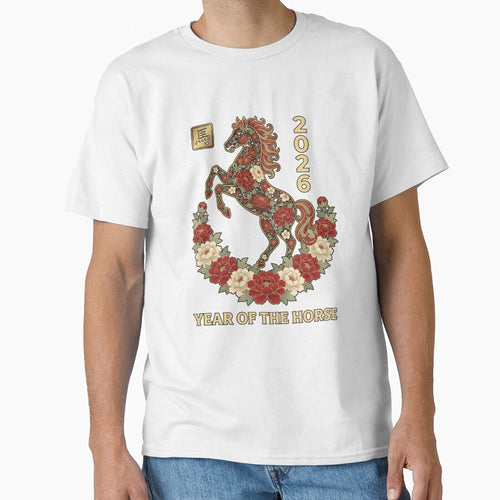 2026 Year of the Horse, Red Floral Chinese Zodiac Lunar New Year Gift, Elegant Horse Asian Art Graphic Tee by saloui