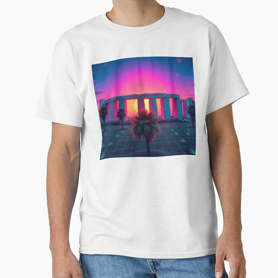 Vaporwave Stonehenge Sunset with Palm Trees - Retro Synthwave Digital Art Print by EllDAV777