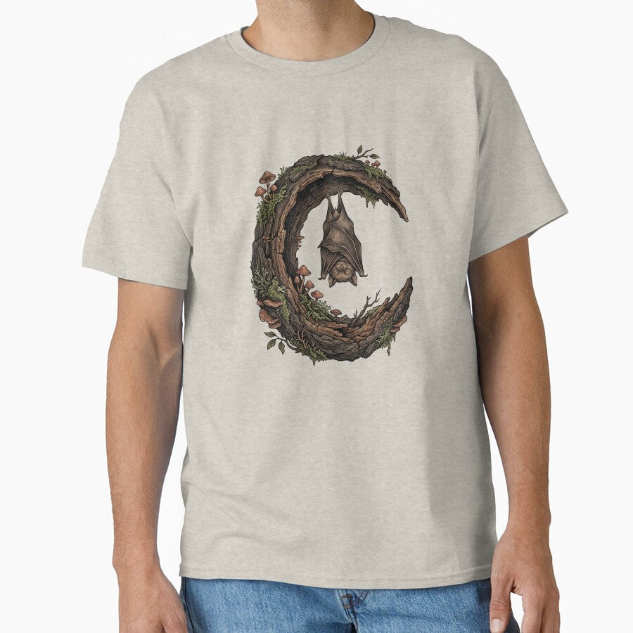 Vintage Sleeping Bat Mossy Crescent Moon Woodland Art by Ortsas