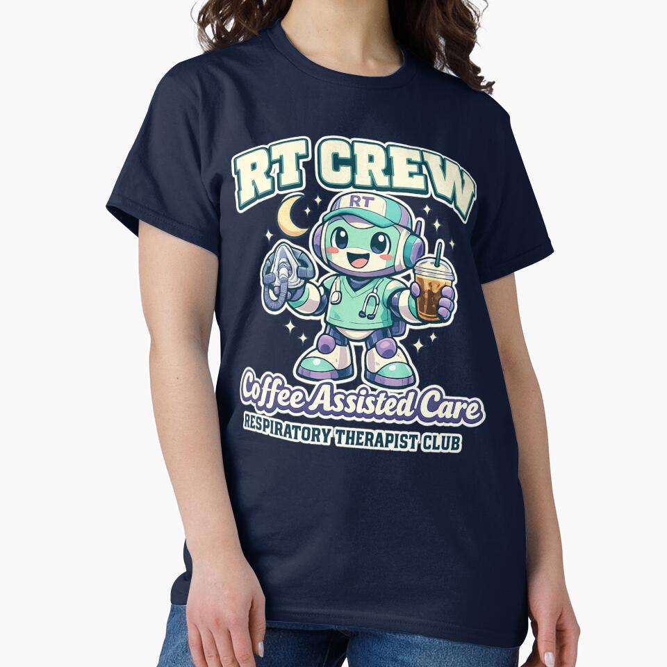 RT Crew Coffee Assisted Care Robot Respiratory Therapist Night Shift Retro T-Shirt by ClinicalHubs