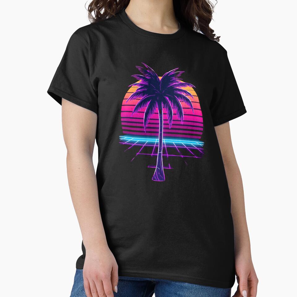 Neon Retro Synthwave Palm Tree 80s Vintage Sunset by Larams Studio