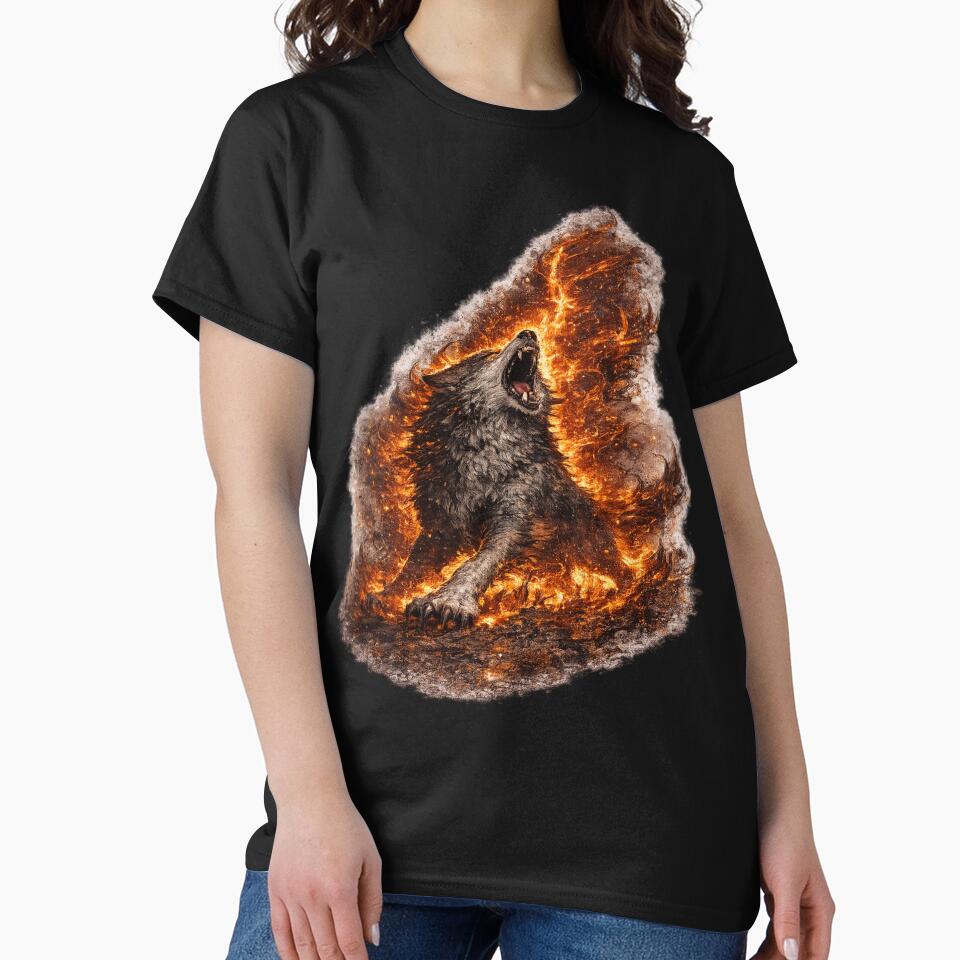Howling Fire Wolf T-Shirt – Alpha Wolf Spirit Dark Fantasy Graphic Tee by VivaThread