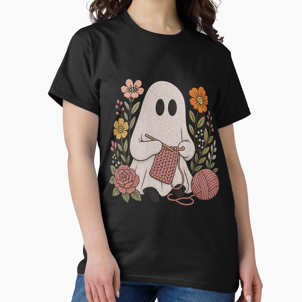 Crocheting Ghost Cute Embroidery Style Knitting Ghost Cozy Floral Aesthetic Design by ColorSplash123