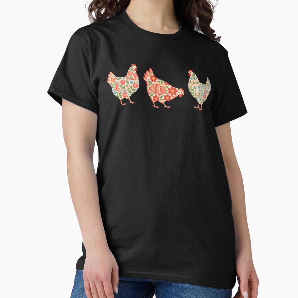 Trio of Floral Chickens – Scandinavian Folk Art by heidiannemorris © by FOLK ART FUSION by heidiannemorris