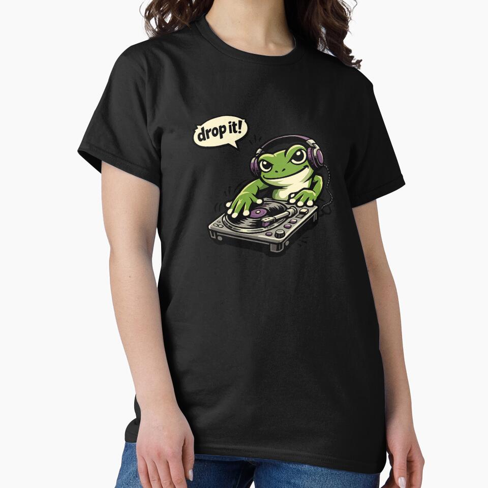 Funny DJ Frog Saying "Drop It!" Cartoon EDM Music Sticker Design by Moss & Mellow