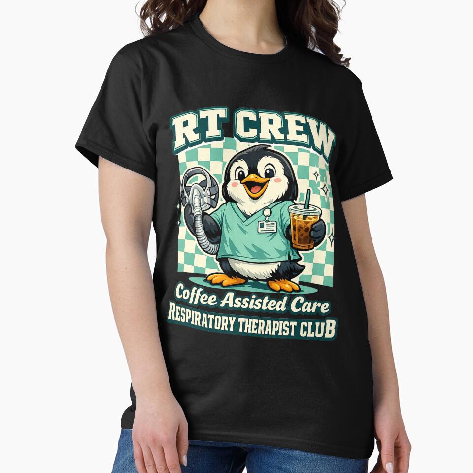 Funny Penguin Respiratory Therapist Shirt – RT Crew Coffee Assisted Care Cute Medical Mascot Retro Checkered Graphic Tee by ClinicalHubs
