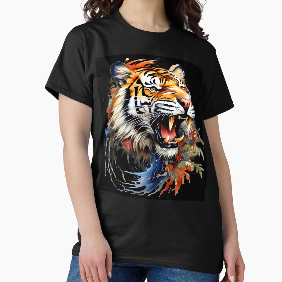 Growling Tiger With Sharp Teeth And Botanical Accents by DEC02