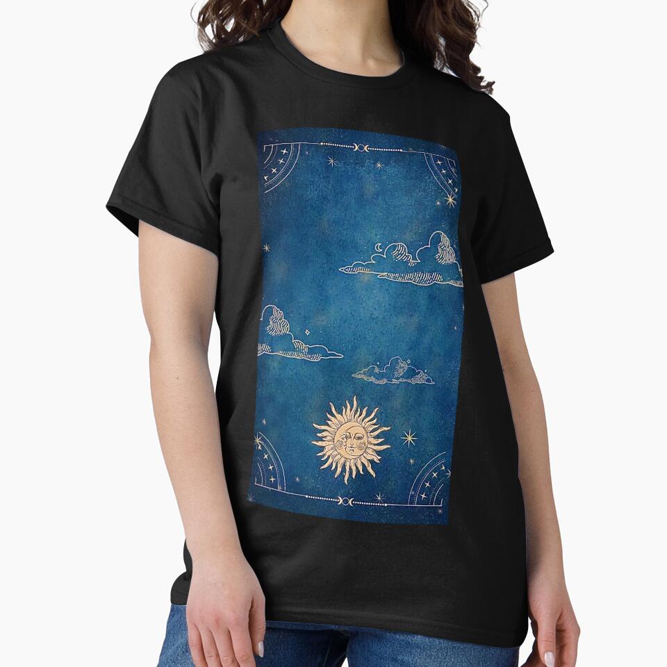 blue whimsigoth with yellow sun and moon with clouds by BrontesWhimsyStore