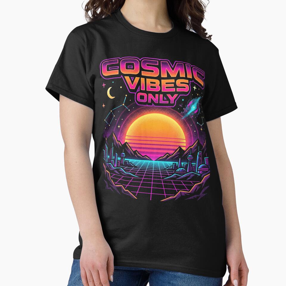 Cosmic Vibes Only Synthwave Sunset Neon Grid City Retro Futuristic Space Art by Void and Neon