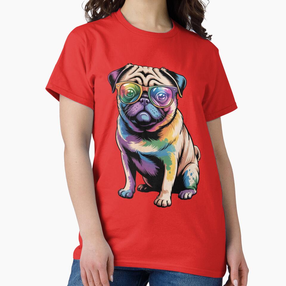 pug dog wearing retro wayfarer glasses with rainbow-colored lenses by 123ks