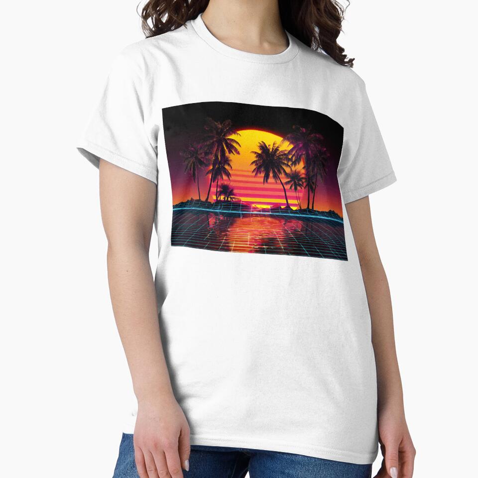 Magenta Neon Palm Trees Reflecting in Starry Retrowave Grid Sunset by EK-World