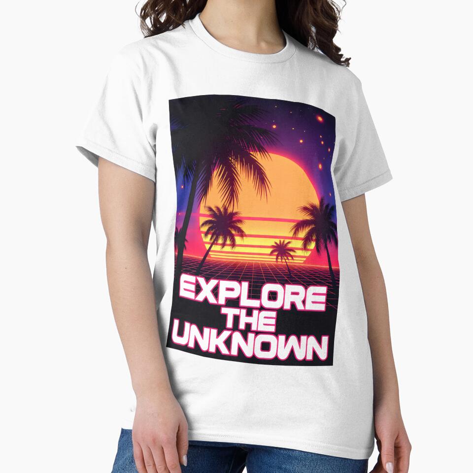 Explore the Unknown Retro Sunset Design with Grid, Palms and Cosmic Adventure Vibes by SplashTastic