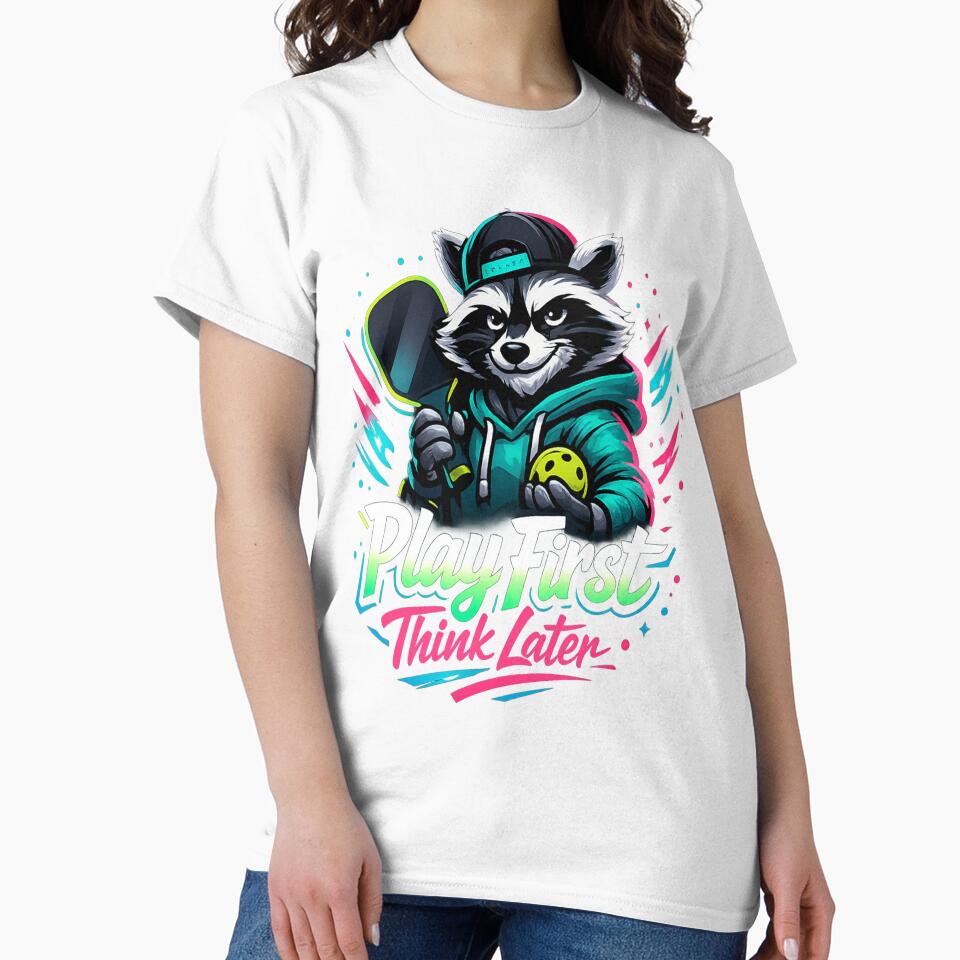 Play First Think Later Raccoon Pickleball Neon Art by Xemora