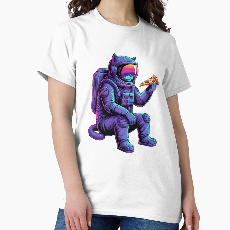 Chill Astronaut Cat Sitting on Retro Sunset Grid with pizza by LIGHT-CANVAS