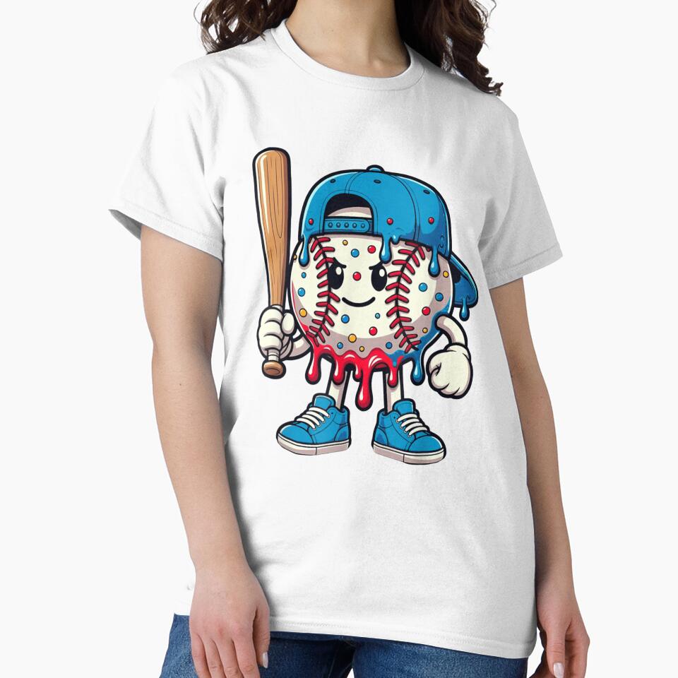 Grumpy Baseball Cartoon Character Wearing Blue Cap Holding Wooden Sports Bat by River Silva