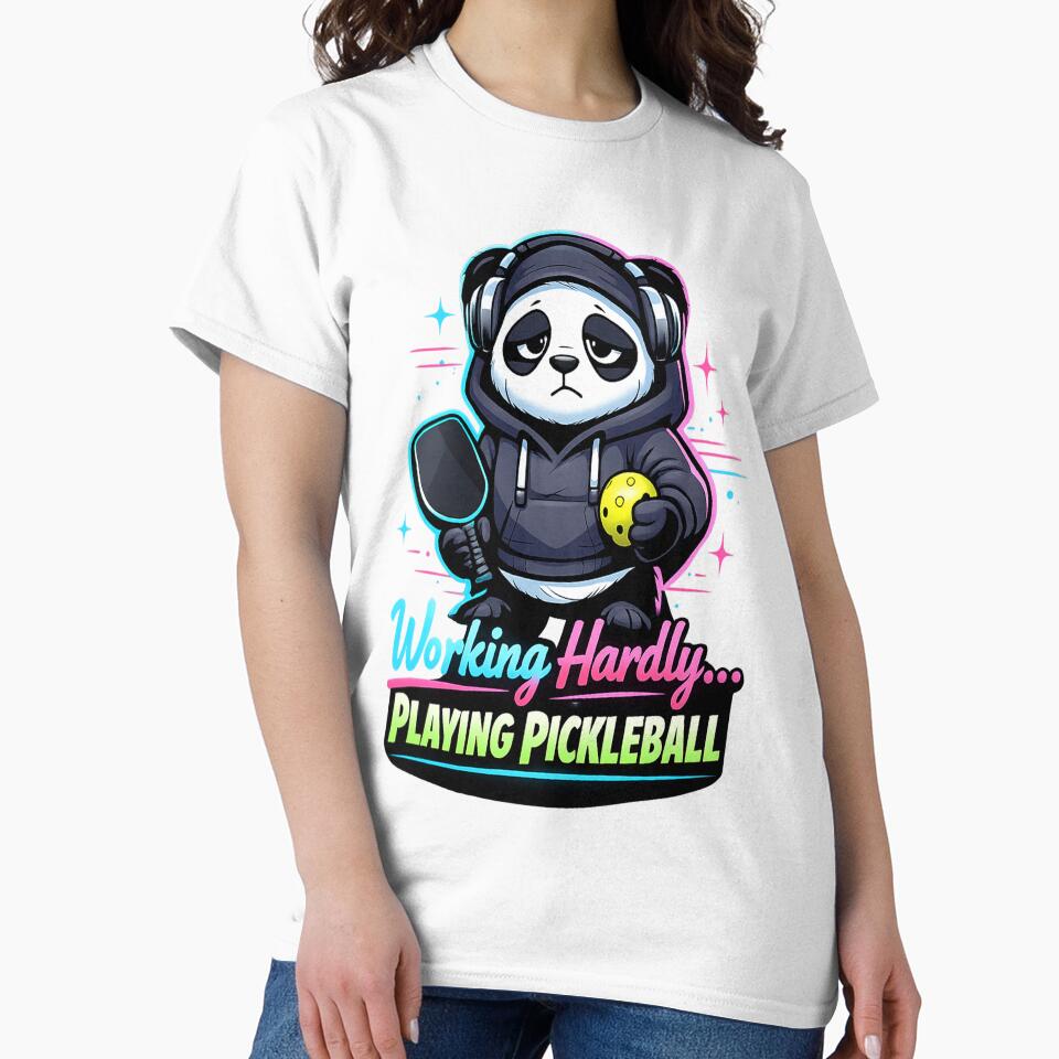 Working Hardly Playing Pickleball Panda Neon Lo-fi Art by Xemora