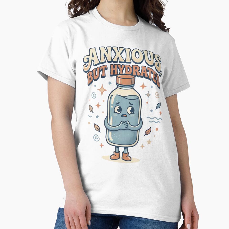 Anxious but Hydrated Cute Retro Bottle Character Sticker & T-Shirt by urbinet