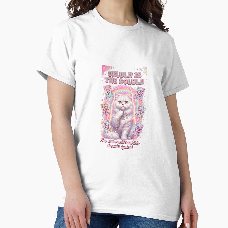 Delulu Is The Solulu Cat T-Shirt — Funny Gen Z Manifestation White Cat Y2K — Main Character Energy Cat Lover Gift — Pink Sparkle Affirmation Cat Graphic Tee by Cozy Cat Collective