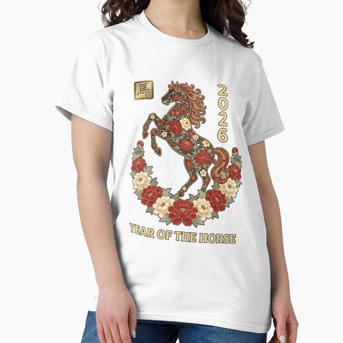 2026 Year of the Horse, Red Floral Chinese Zodiac Lunar New Year Gift, Elegant Horse Asian Art Graphic Tee by saloui