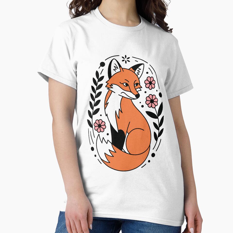Floral Fox Portrait – Oval Frame Flat Vector Illustration by EmeraldeaArt