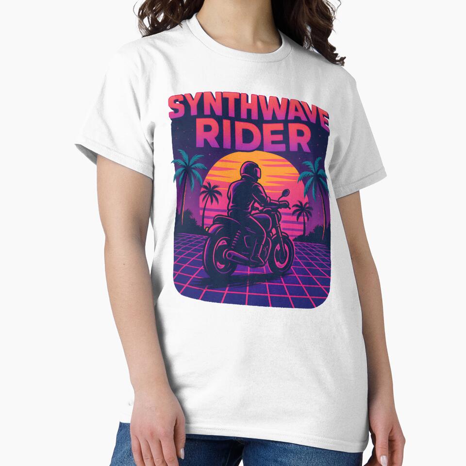 Synthwave Rider on Motorcycle with Neon Sunset and Palm Trees. by The-T-In-Retro