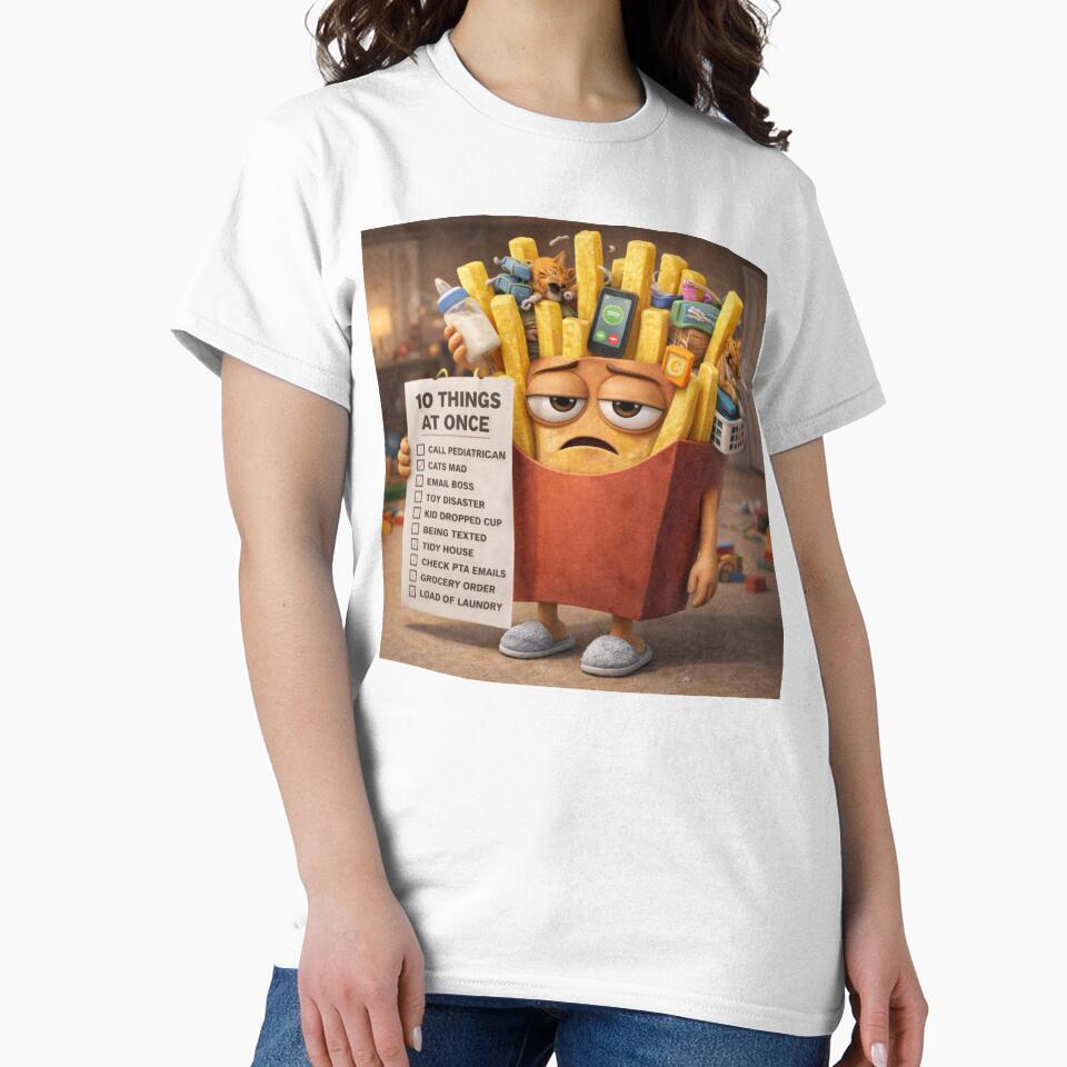 Overstimulated Parent Fries – 10 Things At Once Funny 3D Burnout Humor by ComedyInkFactor