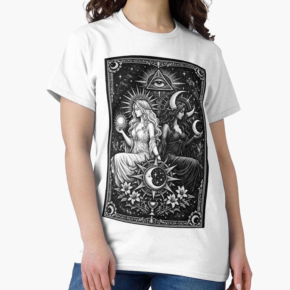 Divine Sun & Moon Twin Goddesses – Gothic Tarot Celestial Shirt by wanado