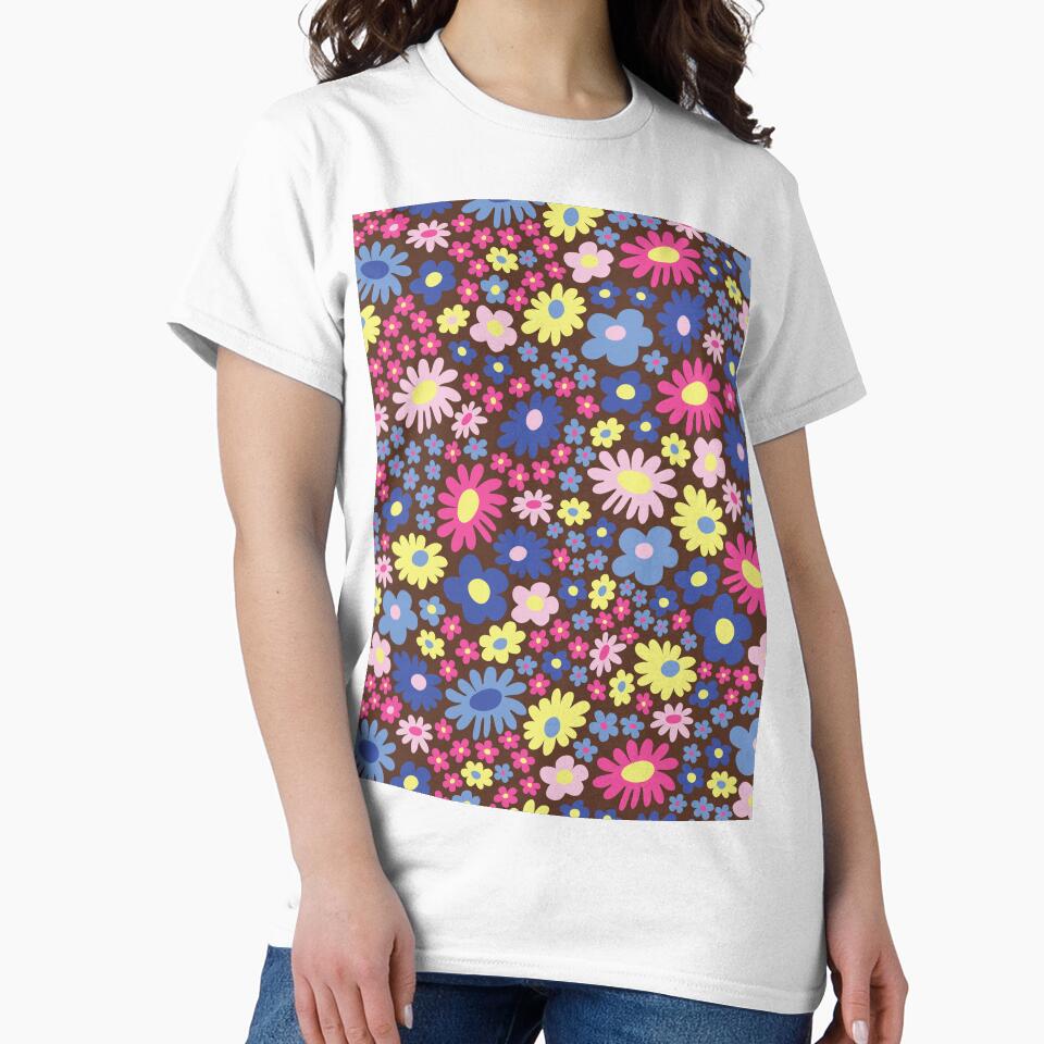 brown 60s retro flower power, purple, pink, blue, yellow, 60s groovy pattern, hippie flowers by blomastudios