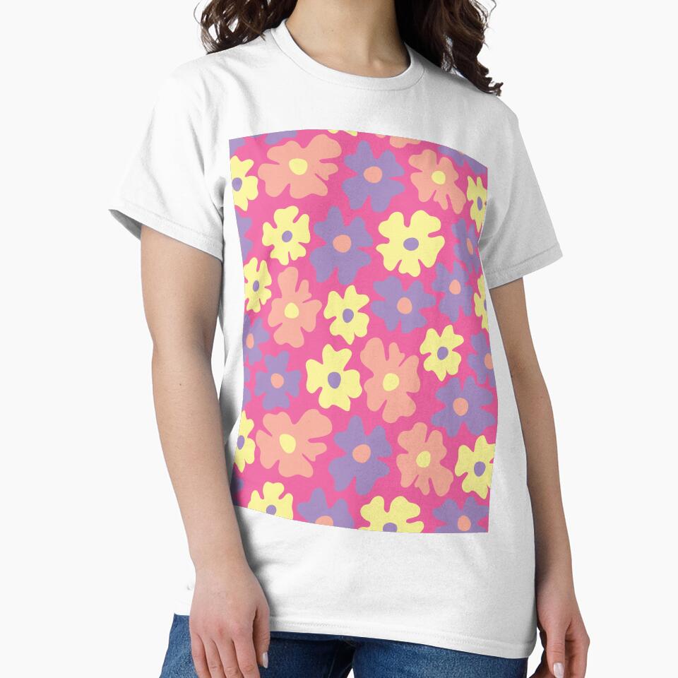 pink 60s retro flower power, hot pink, purple, yellow, peach,  60s groovy pattern, hippie flowers by blomastudios