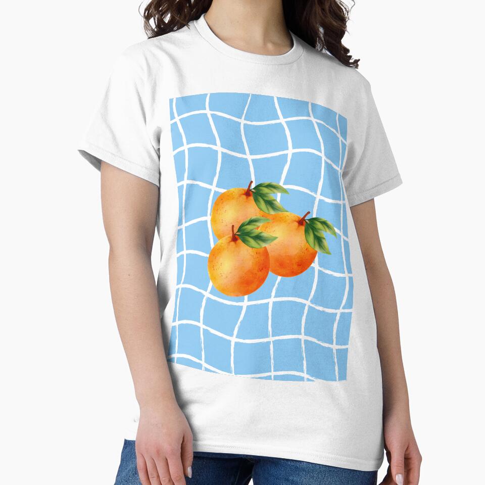 Watercolor Oranges on Light Blue Wavy Grid Background by samahl_l
