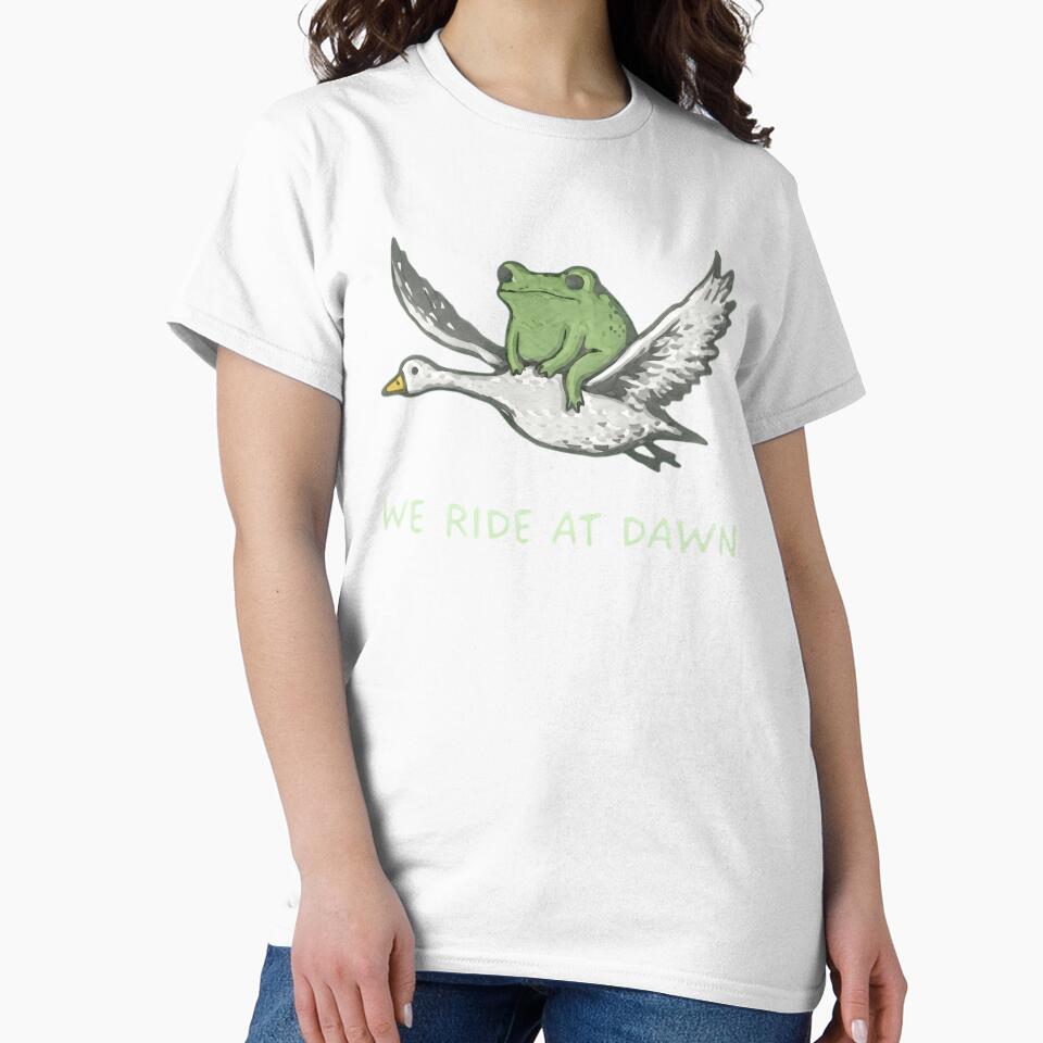 We Ride At Dawn Frog Riding Goose Funny Meme Watercolor by haitrieuic96