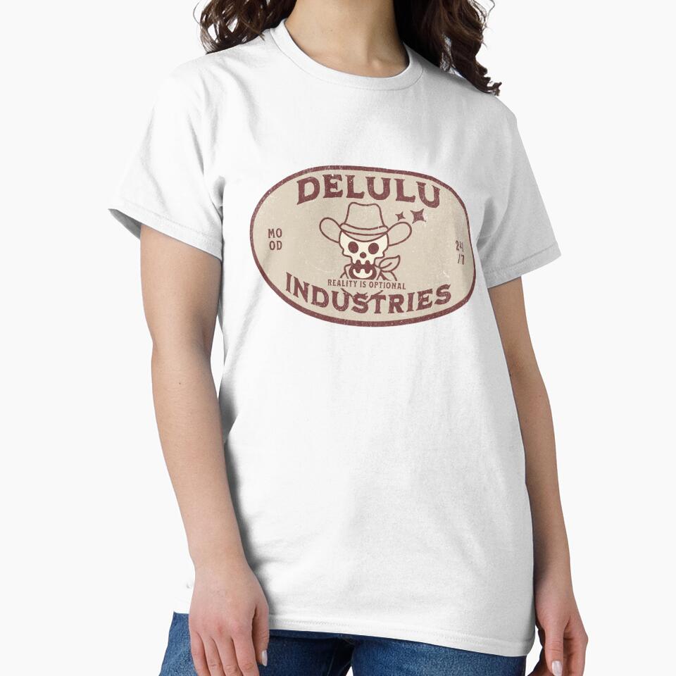 Funny Delulu Shirt Delulu Industries Retro Cowboy Aesthetic Reality Is Optional Neurodivergent Logo Retro Style Mental Health Humor by RealLifeMerchies