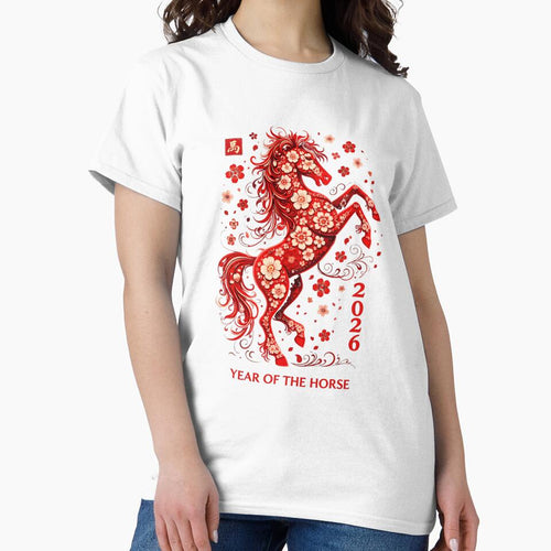 2026 Year of the Horse, Chinese Zodiac Lunar New Year Shirt Gift, Floral Red Horse Asian Art Graphic Tee by saloui